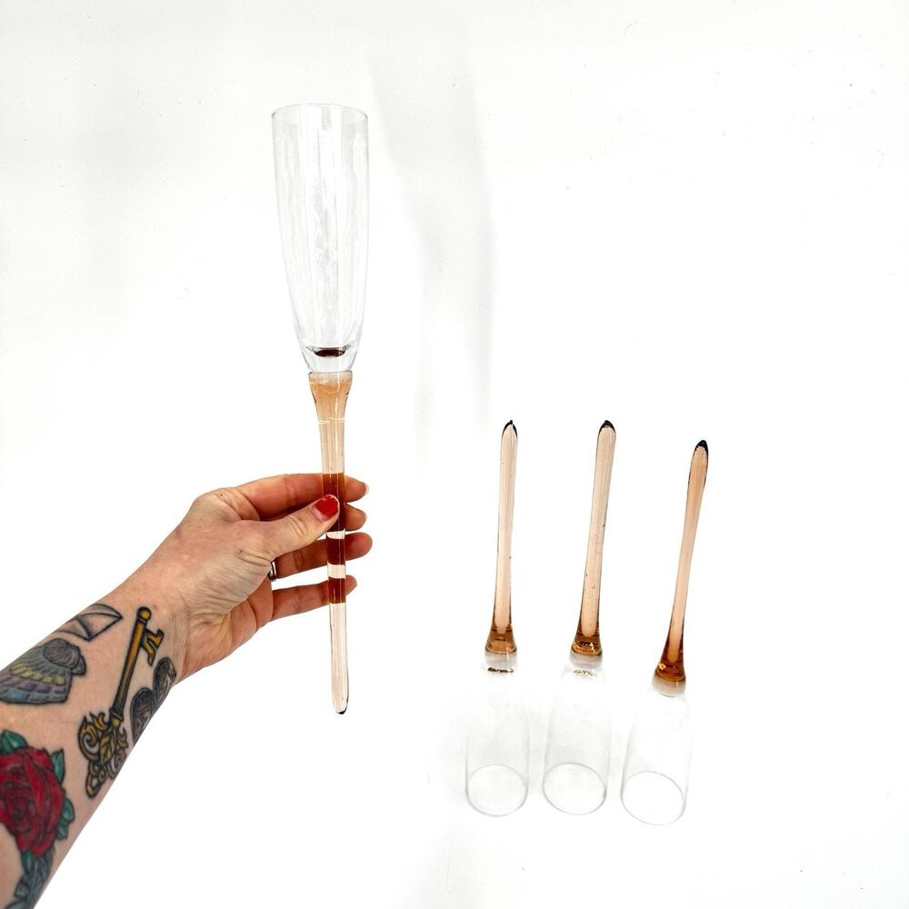 Set of 4 Stemmed Footless Wine Flutes Light Orange Peachy Pink Clear